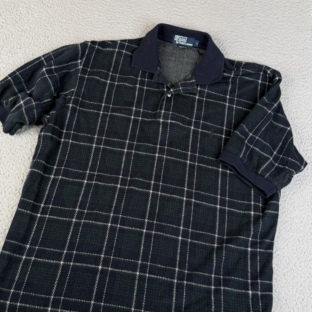POLO RALPH LAUREN Polo Shirt Mens Large Blue Green Tartan Plaid Short Sleeve VTG